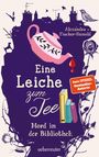 „Eine Leiche zum Tee: Mord in der Bibliothek“ ist der Titel. Es zeigt eine rosafarbene Teekanne und Bücher.