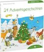 "24 Adventsgeschichten." Illustration: Tiere und ein Tannenbaum mit Kerzen im Schnee, mit Geschenken und Laternen.