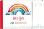 "Alles Gute zur Kommunion", bunter Regenbogen, christliches Fischsymbol oben rechts, punktierter Rahmen.