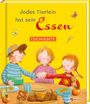 „Jedes Tierlein hat sein Essen“ und „Tischgebete“. Drei Kinder an einem Tisch mit Brot und Besteck. Illustration.