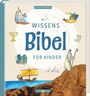 "Wissens Bibel für Kinder" umgeben von Illustrationen: ein Stadttor, Arche, Menora, Moses mit Stab, einige Tiere und ein Schiff.
