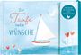"Zur Taufe liebe Wünsche" in bunten Buchstaben. Segelboot auf blauem Wasser, Taube und Blumen im Hintergrund.