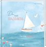 Text: "Du bist EINZIGARTIG", "Deine TAUFE", "Katja Heimberg". Illustration: Segelboot auf blauem Wasser, weiße Taube, rote Herzen.