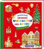 Titel: "Wimmelbuch Entdecke Weihnachten und Advent". Bunte Illustrationen mit weihnachtlichen Szenen, Häusern und Figuren.