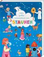 "Mein großes Wimmelbuch vom Staunen" in einer Wolke. Kinder spielen und erkunden, viele Tiere und bunte Details.
