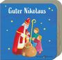 „Guter Nikolaus“. Illustration zeigt Nikolaus mit zwei Kindern, die gespannt in einen großen braunen Sack schauen.