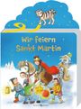 Text: "Wir feiern Sankt Martin". Illustration mit Kindern und Laternen, einem Reiter auf einem Pferd im Schnee, Katze oben.