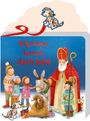 „Nikolaus, komm doch bald“ in roter Schrift. Ein Bischof mit Kindern, einem Esel, Geschenken und einem Hund im Schnee.