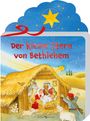 "Der kleine Stern von Bethlehem" in roten Buchstaben auf blauem Hintergrund. Illustration: Krippenszene mit Familienfiguren.