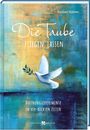 „Die Taube fliegen lassen. Hoffnungsexperimente in ver-rückten Zeiten.“ Eine weiße Taube mit Ölzweig auf farbigem Hintergrund.