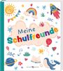 "Meine Schulfreunde" steht in bunten Buchstaben auf einer Wolke, umgeben von Sonne, Regenbogen, Rakete und Sternen.