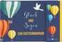 „Glück und Segen zur Erstkommunion“ in stilvoller Schrift. Bunte Heißluftballons und eine weiße Taube auf blauem Hintergrund.