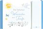"Die liebsten Wünsche zur Taufe" in verspielter Schrift. Sonne, Taube, Schmetterlinge, Blumen, pastellfarbene Gestaltung.