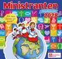 „Ministranten Wandkalender 2028“, „Mit Jesus starten wir durch!“ Vier Kinder laufen auf einer Erdkugel, umgeben von bunten Symbolen.
