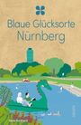 "**Blaue Glücksorte Nürnberg**, Illustration von einem See mit Menschen, Enten und einem Tretboot in Form eines Drachens."