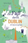 "Zu Fuß durch Dublin: 12 Spaziergänge" von Sylvia Payne. Darstellung von Dublin-Landmarken und Symbolen in Illustrationen.