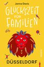 Text: "Jenna Davis. Glückszeit für Familien. Düsseldorf. Droste." Illustration: Ein roter Löwe mit blauer Mähne.