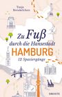 „Zu Fuß durch die Hansestadt Hamburg: 12 Spaziergänge“. Zeichnungen von Hamburger Sehenswürdigkeiten, Fußspuren und Bäume.