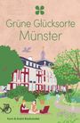 Grüne Glücksorte Münster. Illustration eines Parks mit Gebäude, Menschen, Bäumen und Fahrrad.