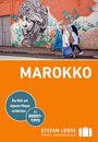Text "MAROKKO". Darunter gehen verschleierte Frauen vor einer Wand mit großem Gesichtsgraffiti. Hinweis auf Reisehandbuch.