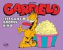 „Garfield isst ganz großes Kino.“ Garfield freut sich mit Popcorn und Daumen hoch. Humorvolle, bunte Comic-Illustration.