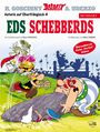 Text: "EDS SCHEBBERDS", "Asterix auf Oberfrängisch 4". Asterix flieht vor einem umgestürzten Felsbrocken, Obelix hebt ihn an.