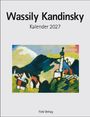 "Wassily Kandinsky Kalender 2027. Illustration: farbenfrohe Landschaft mit Häusern und Hügeln. Fink Verlag."