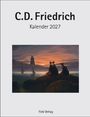 C.D. Friedrich, Kalender 2027. Unten "Fink Verlag". Drei Personen betrachten bei Sonnenuntergang Schiffe auf dem Meer.