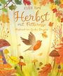 Text: "Ester Tome Herbst mit Pettirosso, illustriert von Giulia Dragone". Illustration: Ein Vogel fliegt über bunte Herbstblätter und Pilze.