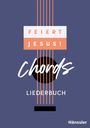 "Feiert Jesus! Chords Liederbuch" auf blauem Hintergrund. Gitarrensaiten-Illustration und ein Logo unten rechts.