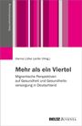 „Mehr als ein Viertel“: Migrantische Perspektiven auf Gesundheit in Deutschland. Grauer Streifen links, pinke Farbblöcke.