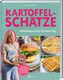 "Kartoffelschätze" oben in Pink, darunter "Wohlfühlgerichte für jeden Tag". Eine Frau hält Kartoffeln, daneben Burger, Quiche, Waffeln.