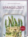 "Spargelzeit. Aus dem Wok, vom Grill oder ganz klassisch." Asparagus mit Sauce und Kräutern dekoriert.