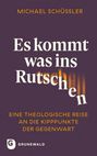 „Es kommt was ins Rutschen. Eine theologische Reise an die Kipppunkte der Gegenwart.“ Lila Hintergrund, Text schnörkellos.