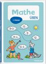 „Mathe üben, 1. Klasse“. Zwei Tiere malen Wolken mit Zahlen und Rechenaufgaben auf kariertem Hintergrund.