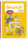 Text: "Deutsch üben 2. Klasse". Zwei Affen spielen mit einem Kreuzworträtsel. Wörter: "KISSEN", "GIRAFFE", "TREPPE".