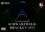 Text: "Bildkalender Schwarzwildbracken 2027." Ein Hund mit dunklem Fell im Vordergrund, Logo links, Emblem rechts.