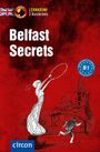Titel: "Belfast Secrets". Illustration: Person mit Hula-Hoop vor Gebäude. Text: "Lernkrimi", "3 Kurzkrimis", "Niveau B1".
