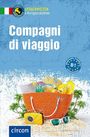 "Compagni di viaggio", Sprachwelten, 4 Kurzgeschichten. Orange Tasche mit Sommerutensilien und Kamera vor blauem Hintergrund.