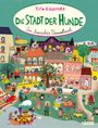 „Yayo Kawamura. Die Stadt der Hunde. Ein tierisches Wimmelbuch.“ Bunte Illustration einer Stadt mit Hunden als Bewohner.