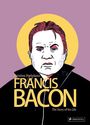 „Cristina Portolano, FRANCIS BACON, The Story of his Life.“ Illustration eines Mannes mit ernstem Blick vor gelbem Kreis.