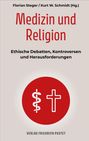 Aufschrift: "Medizin und Religion". Zwei Symbole: Äskulapstab und Kreuz, rot auf weißem Hintergrund.