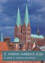 Text: "St. Marien-Jahrbuch 2026, 75 Jahre St. Marien-Bauverein." 
Blick auf eine Kirche mit zwei hohen, grünen Türmen.