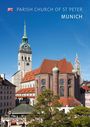 Text: "PARISH CHURCH OF ST PETER, MUNICH". Kirchenturm, rote Ziegeldächer, klarer blauer Himmel.