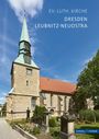 Text: "EV.-LUTH. KIRCHE DRESDEN LEUBNITZ-NEUOSTRA"
Bild: Historische Kirche mit Turm und rotem Dach.