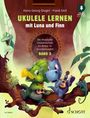 Text: "Hans-Georg Gloger · Frank Doll. UKULELE LERNEN mit Luna und Finn. Die dinostarke Ukulelenschule für Kinder im Grundschulalter. BAND 2." Illustration: Zwei Dinosaurier spielen Ukulele.