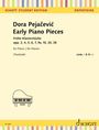 "Early Piano Pieces" von Dora Pejačević. Stufen 1-3. Oben bunte Klaviertasten-Grafik. Unten Klavier-Logo.