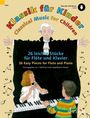 "Klassik für Kinder", 26 leichte Stücke für Flöte und Klavier. Illustration von fröhlichen Kinder mit Musiksymbolen.