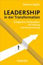 "LEADERSHIP in der Transformation", gelber Hintergrund, Pfeil und Person, Buchcover von Sabrina Zeplin, VAHLEN.