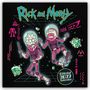 Texte: "Rick and Morty", "Awww Geez", "Official 2027 Calendar". Illustration: Zwei Figuren in Raumanzügen mit Kristallen.